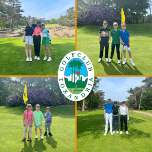 Groepsfoto van jeugdige golfers op Golfclub Toxandria, samengesteld in collage met clublogo in het midden.